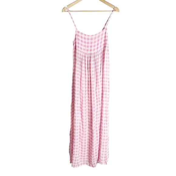 Playa Lucila Pink Check Gingham Empire Slit Maxi Slip Dress Picnic Preppy XS - Picture 1 of 9